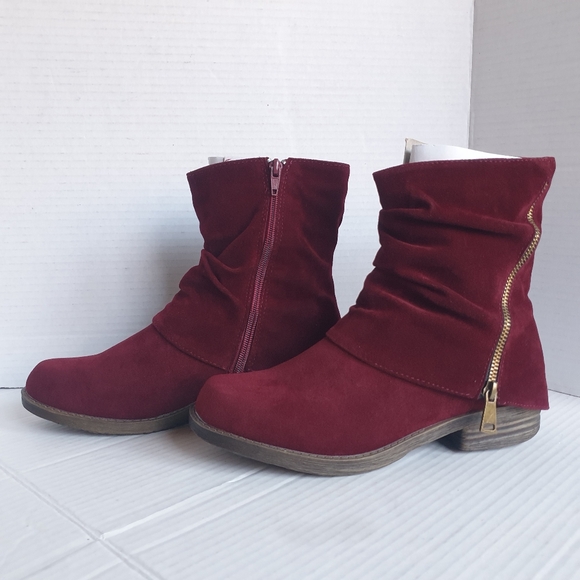 French Blue Americana Burgundy Wine Faux-Suede Ruched Ankle Zip-Up Booties Sz 38 - Picture 10 of 16
